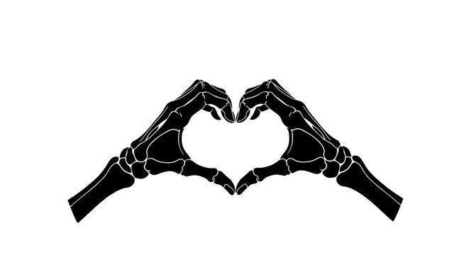 Skeleton hands forming a heart shape, a symbolic image of love.