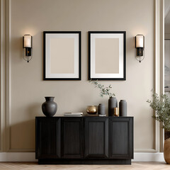 Elegant living room interior with two framed art pieces above a black sideboard and wall sconces