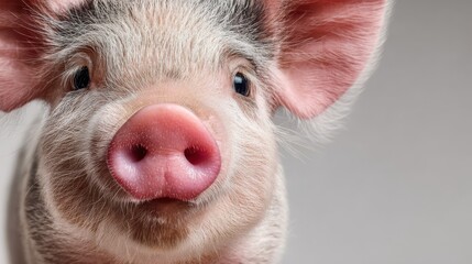 Cute young pig with expressive features and pink snout enjoys playful moment against soft backdrop