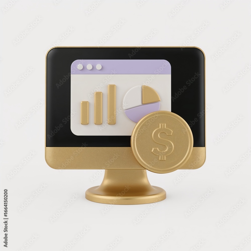 Poster financial analysis displayed on a computer screen with monetary gains represented by a coin