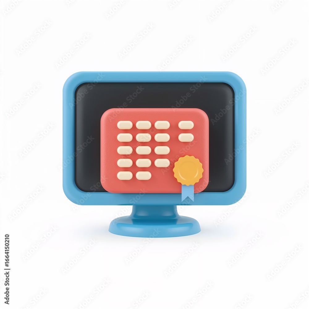 Poster stylized computer screen showcasing an authentication interface with a certification seal symbol