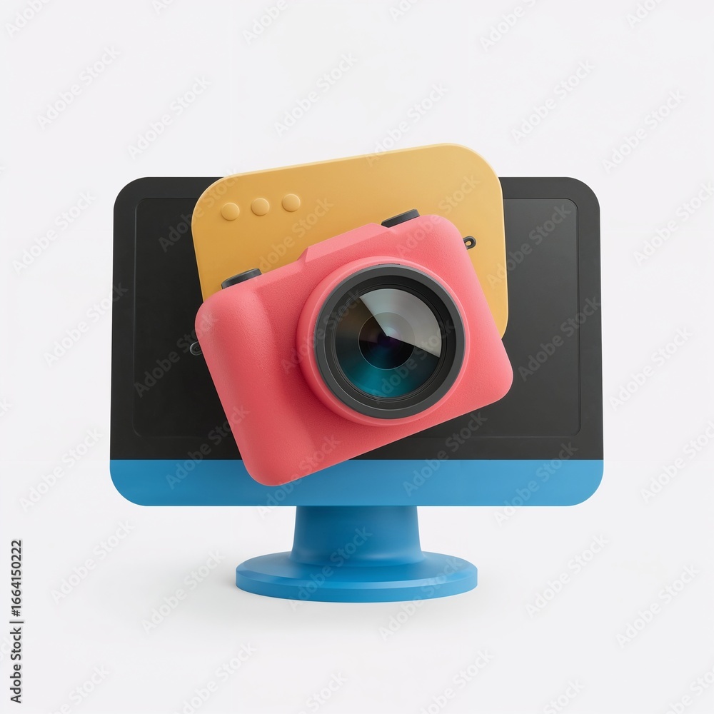 Poster digital photography concept with coral camera icon and computer screen representation isolated
