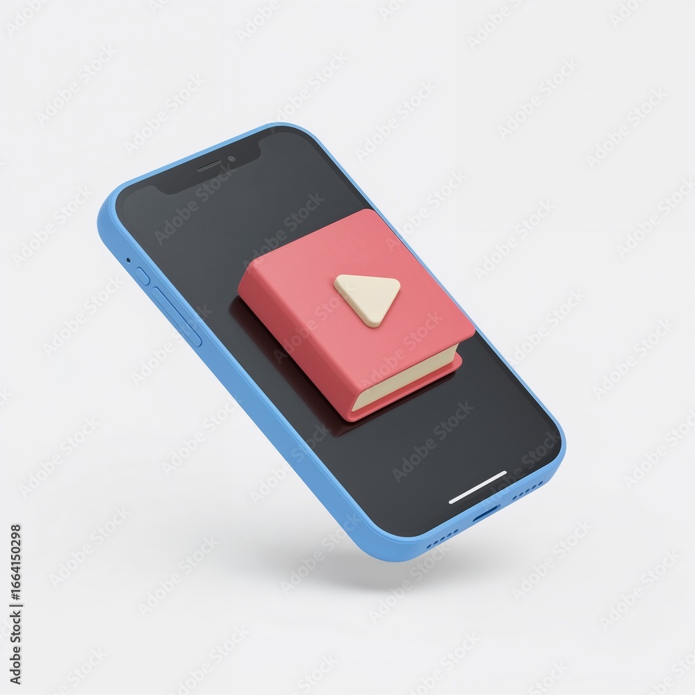 Poster stylized cellphone displaying a book with play button on clear isolated visual space