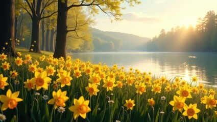 Fototapeta premium A serene lake scene bathed in sunrise light, showcasing a field of vibrant yellow daffodils along the water's edge.
