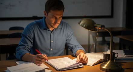 Dedicated instructor reviewing student papers under the soft glow of a desk lamp in a quiet classroom setting