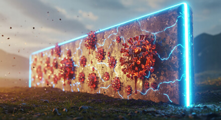 COVID-19 virus particles breach a glowing protective wall, representing the challenges of containing widespread disease and the need for robust health strategies