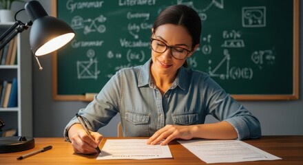Dedicated teacher in glasses diligently grading student papers at her desk, with a chalkboard full of educational notes