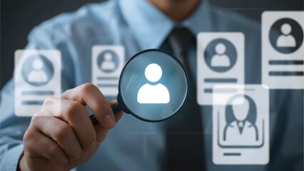 A person using a magnifying glass to examine profile icons, symbolizing recruitment or selection process.
