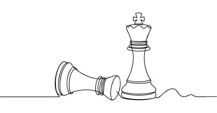 Minimalist continuous line drawing of chess king standing and fallen pawn, symbolizing strategy, leadership, victory, and decision-making