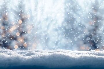Festive Christmas natural snowy background, abstract empty stage, snow, snowdrift and defocused Christmas lights in forest on light blue background, copy space.