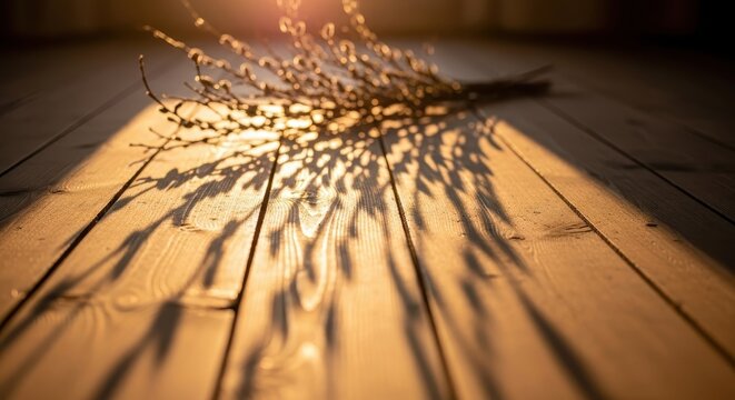 Warm golden light illuminates delicate pussy willow branches, casting their intricate shadows to dance gracefully across sun-drenched wooden floorboards, a serene spring moment