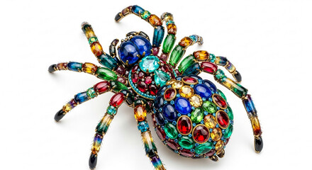 A highly detailed, colorful spider brooch adorned with numerous gemstones and intricate metalwork, presented against a clean white background.