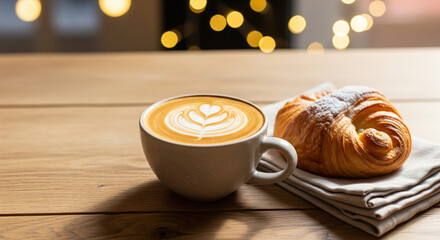 Warm rustic caf&eacute; scene with latte art coffee and golden pastry on wood table
