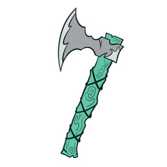 Hand Axe tool or weapon with green colored wooden handle colorful illustration isolated on square white background.