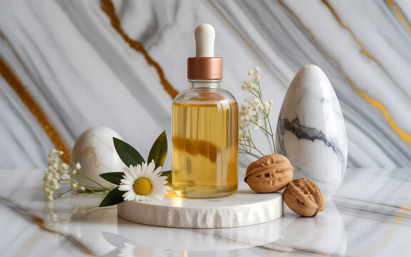 Natural beauty elixir a glass dropper bottle of golden serum with delicate flowers and smooth stones on a marbled surface evoking organic skincare and wellness
