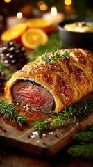 Perfectly cooked beef Wellington served on a rustic wooden board surrounded by festive decorations