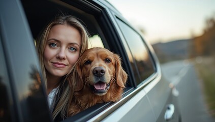 A cheerful woman and her golden retriever look out from the car window upon a quiet countryside road at sunset, featuring warm natural light creating a relaxed and joyful mood