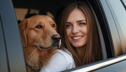 Young woman featuring long brown hair and her golden retriever dog happily looking out from the car window during sunset, captured within warm natural light with a cheerful mood