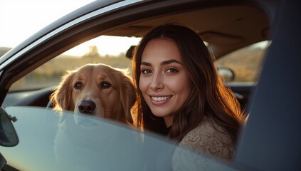 Young woman smiling beside her golden retriever inside the car during sunset, warm natural light highlighting their faces, outdoor countryside setting, calm and relaxed mood