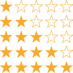 Five rows of golden stars showing star ratings from one to five stars showing concept of customer feedback and quality illustration
