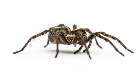 A detailed close-up studio shot of a large wolf spider with prominent legs and intricate markings on a white background.