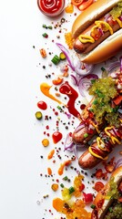 An overhead shot reveals hot dogs, condiments, and vegetables scattered