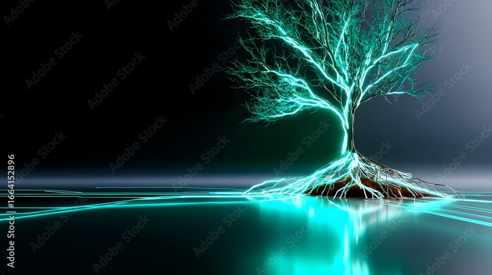 Poster glowing tree with illuminated roots and branches reflecting in water