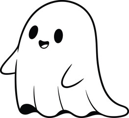 This is an illustration of a cute, friendly cartoon ghost. The drawing is simple and features a white, rounded figure with a happy expression and simple arms and feet. element for halloween
