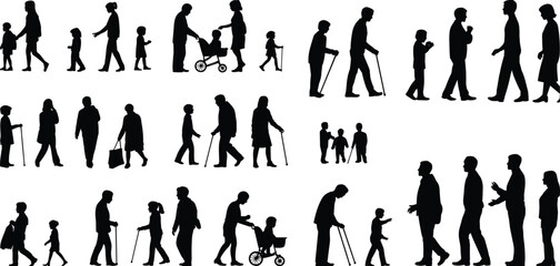 Silhouettes of people walking, families with children, elderly with canes, intergenerational interaction, community life, social connection, parent-child bonding moments
