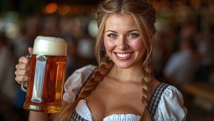 Cheerful young woman within traditional Bavarian dress holding the large frothy beer stein at Oktoberfest, captured in warm festive lighting featuring a blurred crowd in the background