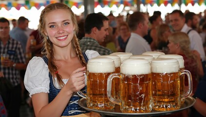 Smiling waitress within traditional Bavarian dress carries the tray of frothy beer steins at Oktoberfest, surrounded by a lively crowd under colorful festive decorations