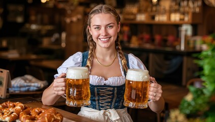Cheerful young woman within traditional dirndl dress holding two large frothy beer mugs inside the festive Bavarian beer hall featuring pretzels upon the table and warm indoor lighting