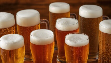Frothy beer glasses filled featuring golden and amber brews are arranged closely together upon the wooden table, capturing the festive atmosphere of an Oktoberfest celebration indoors