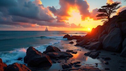 Dramatic sunset over a rocky coastline, with a sailboat on the tranquil sea.