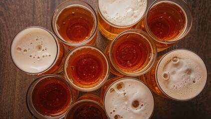 Overhead view of multiple frothy beer glasses arranged closely upon the wooden table, capturing the golden amber tones and festive mood typical of Oktoberfest celebrations