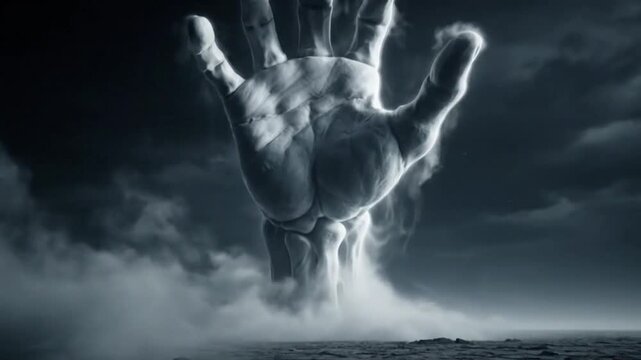A large, outstretched hand emerges from a dark, misty landscape, evoking a sense of mystery and power.