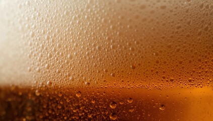 Detailed close up of foamy amber beer bubbles rising inside the chilled glass, featuring golden light highlighting texture and freshness, evoking Oktoberfest celebration atmosphere