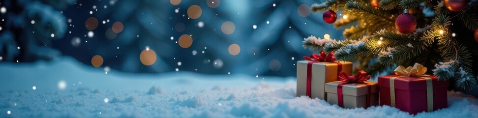 Christmas tree with gifts, snowy scene, copy space , sparkle, decoration, scene