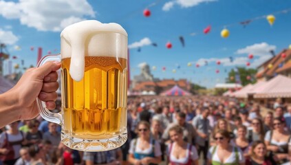A frothy beer mug is held high within the foreground during the lively Oktoberfest celebration, featuring a large crowd, festive tents, and colorful decorations under a bright sunny sky