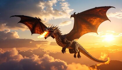A majestic dragon with large wings breathes fire into the sky during a golden sunset, surrounded by clouds.
