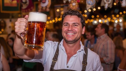 Happy man within traditional attire holding up the large beer stein during Oktoberfest festivities, surrounded by warm lights, festive decorations, and a lively evening crowd