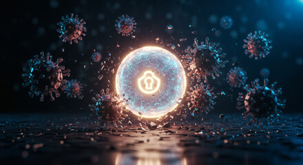 Digital security concept glowing shield protecting against microscopic virus particles, symbolizing cybersecurity against biological threats