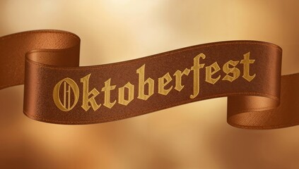 Decorative Oktoberfest ribbon banner featuring ornate golden lettering upon the textured brown fabric, set against a warm blurred background featuring festive autumn tones