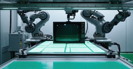 Fototapeta premium Robotic arms work above illuminated green surface. Modern factory setting, precise automation visible. Clean, sterile environment.
