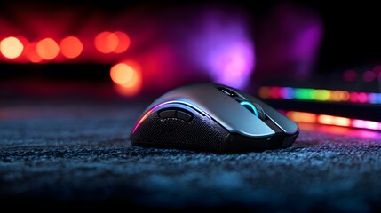 Sleek dark gray gaming mouse with glowing RGB LED lights and textured side grips.