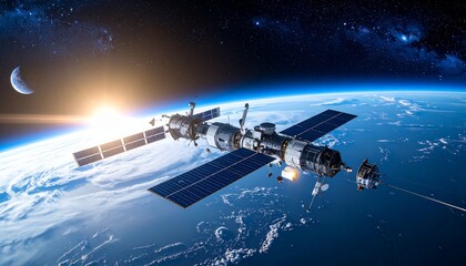 A space station orbits Earth, with the sun rising over the horizon and the moon visible in the distance.