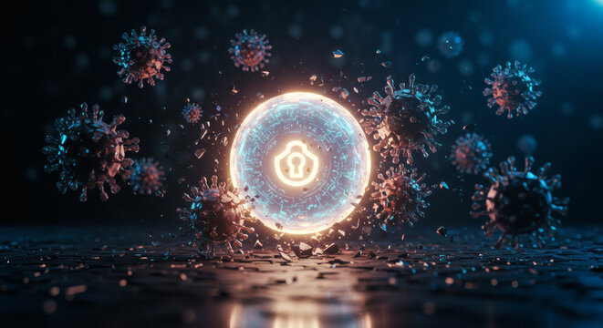 Digital security concept glowing shield protecting against microscopic virus particles, symbolizing cybersecurity against biological threats