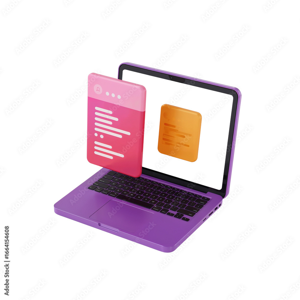 Poster modern digital workspace representation with floating interface elements and a laptop on