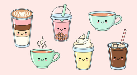 Cute Beverage Vector Illustration with Coffee Tea and Dessert Drinks in Kawaii Style Pastel Colors