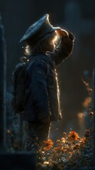 Child saluting in a cemetery at dusk surrounded by flowers and fading light